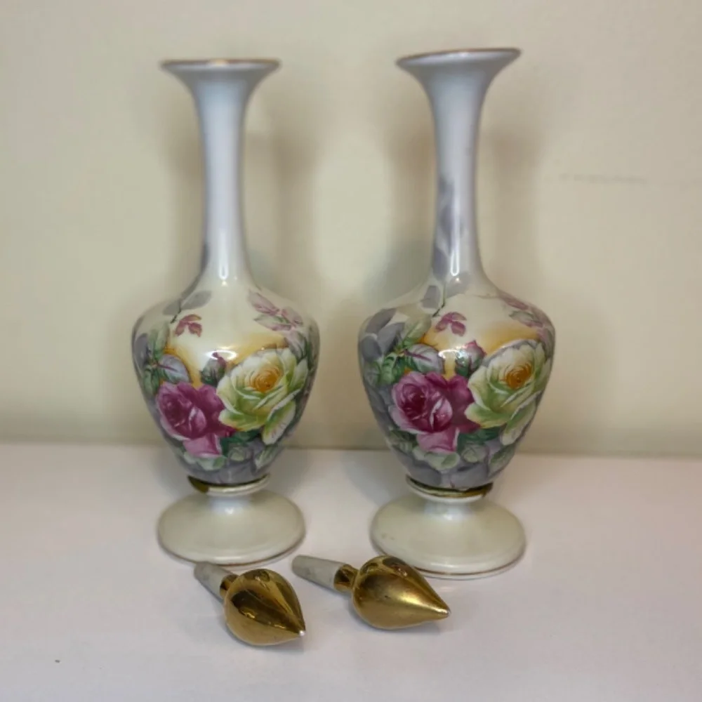 Vintage Porcelain Perfume Bottle Set - Hand Painted Gold Trim
